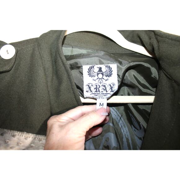 X-ray Mens Green Wool Blend Distressed Military Jacket w/ Patches sz M - Picture 3 of 4